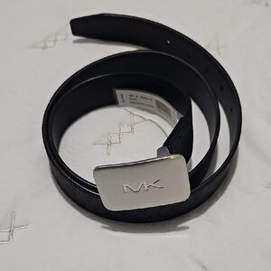 Michael Kors Black Leather Men’s Belt with Silver MK Buckle